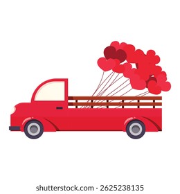 Red pickup truck carrying heart shaped balloons for valentine's day