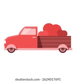 Red pickup truck is carrying hearts in the back for a valentine's day celebration