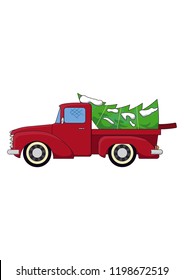 red pickup truck, old scool car, with Christmass tree, 
we are taking the Christmas tree home 