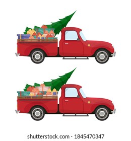Red pickup. Vintage pickup truck with a Christmas tree and gifts in the trunk. Retro Christmas car.