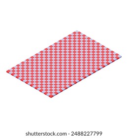 Manta roja del picnic con el patrón cuadrado que yace en el suelo vista isométrica