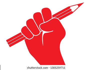 Red Pictograph Showing A Raised Fist Holding A Pencil As A Sign To Claim Freedom Of Expression.