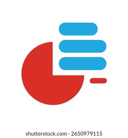Red pie chart segment three blue horizontal bars with a small red bar graphic on