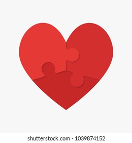 Red pieces puzzle of romantic heart. Icon, logotype, logo vector puzzle illustration. Jigsaw on Valentine Day. Love, medical, relationship symbol. Autism awareness. Three slices, pieces, parts heart.