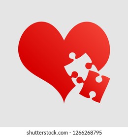 Red pieces puzzle of romantic heart. Icon, logotype, logo vector puzzle illustration. Jigsaw on Valentine Day. Love, medical, relationship symbol. Autism awareness. Jigsaw slices, pieces parts heart.