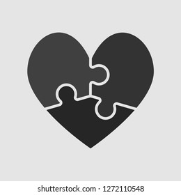 Red pieces puzzle of romantic heart. Icon, logotype, logo vector puzzle illustration. Jigsaw on Valentine Day. Love, medical, relationship symbol. Autism awareness. Three slices, pieces parts heart.