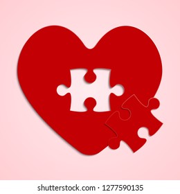 Red pieces puzzle of romantic heart. Icon, logotype, logo vector puzzle illustration. Jigsaw on Valentine Day. Love, medical, relationship symbol. Autism awareness. Jigsaw slice piece parts love.