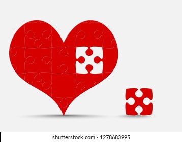 Red pieces puzzle of romantic heart. Icon, logotype, logo vector puzzle illustration. Jigsaw on Valentine Day. Love, medical, relationship symbol. Autism awareness. Jigsaw slices, pieces parts heart.