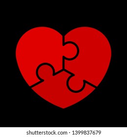 Red pieces puzzle of romantic heart. Icon, logotype, logo vector puzzle illustration. Jigsaw on Valentine Day. Love, medical, relationship symbol. Autism awareness. Three slices, pieces parts heart