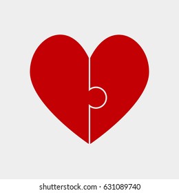 Red pieces puzzle of romantic heart. Icon, logotype, logo vector puzzle illustration. Jigsaw on Valentine Day. Love, medical, relationship symbol. Autism awareness. Two slices, pieces, parts heart.