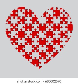 Red pieces puzzle of romantic heart. Icon, logotype, logo vector puzzle illustration. Jigsaw on Valentine Day. Love, medical, relationship symbol. Autism awareness. Slice, piece, part heart. Chess.