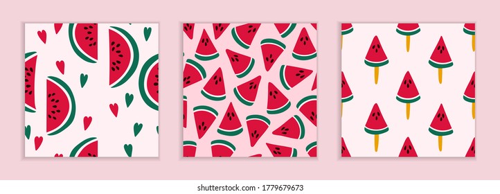 Red pieces of watermelon. Sweet candy on a stick. Cute childish illustration. Set of seamless patterns on white and pink background. Three drawn patterns in flat style.