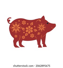 Red pig with ornament and flowers symbol of the Chinese new year
