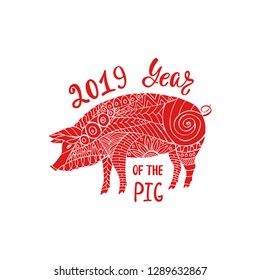 Red Pig paper cut. Chinese zodiac 2019 year of the Pig. Hand drawn vector illustration in zentangle style.