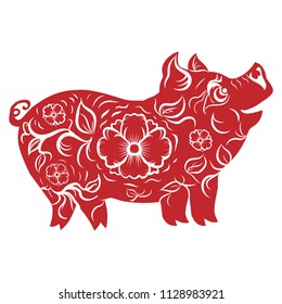 Red Pig Paper Cut.Happy Chinese New Year 2019 year of the pig.Chinese Zodiac Sign Year of Pig.isolate on background