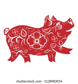 Red Pig Paper Cut.Happy Chinese New Year 2019 year of the pig.Chinese Zodiac Sign Year of Pig.isolate on background