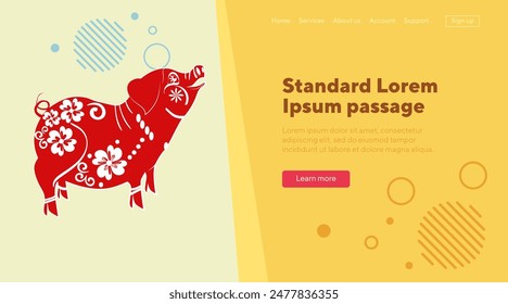 Red pig silhouette with creative ornament. Cartoon character looking at someone. New Year celebration, holiday, bbq restaurant cocept for landing page or banner design