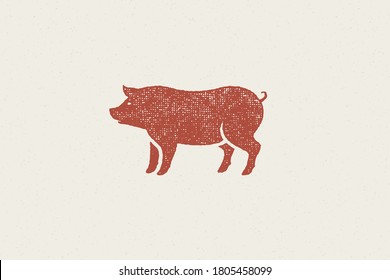 Red pig silhouette for meat industry or farmers market hand drawn stamp effect vector illustration. Vintage grunge texture emblem for butchery packaging and menu design or label decoration.