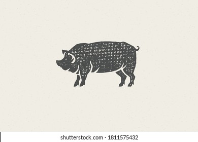 Red pig silhouette for meat industry or farmers market hand drawn stamp effect vector illustration. Vintage grunge texture emblem for butchery packaging and menu design or label decoration.