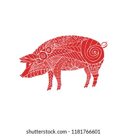 Red Pig is a symbol 2019. Chinese new year. Pig silhouette in zentangle style. Vector illustration.