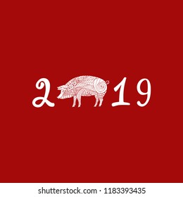 Red Pig is a symbol 2019. Chinese new year. Pig silhouette in zentangle style. Red and white vector illustration. 