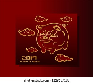 The red pig, symbol of the new 2019 year, abstract Asian style, paper cut, vector illustration