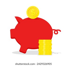 Red piggy bank with coins