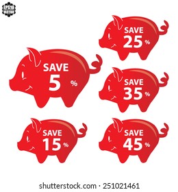Red Piggy Bank Set For Save With 5, 15, 25, 35, 45 Percent OFF Discount Campaign Isolated on White Background - Vector Illustration.