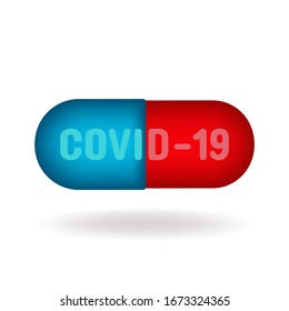 Píldora azul de píldora roja con el término técnico para el virus de la corona COVID-19. Ilustración del vector