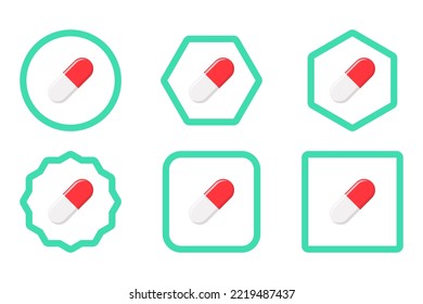 Cápsula de la píldora roja, Medicina, símbolos de la marca vectorial estilo verde. Juego de iconos de la cápsula de la píldora.
