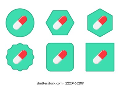 Cápsula de la píldora roja, Medicina, símbolos de la marca vectorial estilo verde. Juego de iconos de la cápsula de la píldora.