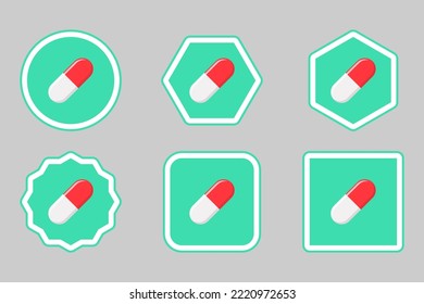 Cápsula de la píldora roja, Medicina, símbolos de la marca vectorial estilo verde. Juego de iconos de la cápsula de la píldora.