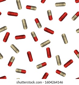 Red pill capsules. Vector illustration. Medicament tablet. Seamless pattern background.