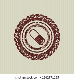 Red pill icon inside distressed grunge seal