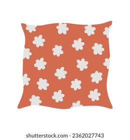 Red pillow with white flowers. Bed, comfort, home decor.Simple vector illustration isolated on white background