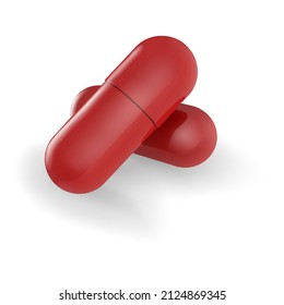 Red pills capsules isolated on white background. 3D illustration 