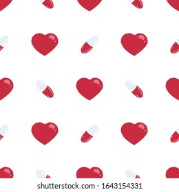 Red pills and hearts simple shapes seamless vector pattern on white background.