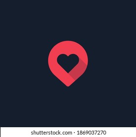 Red Pin button with heart flat icon, map pointer, favorite places. Love pointer, dating service, love search service logo concept. isolated vector minimal design