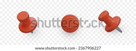 Red pin in different positions. Set of realistic images. Element for attaching paper notes, setting labels on map. Enrichment for web design, templates