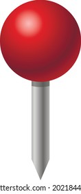 Red pin icon. Attach button on needle, pinned office thumbtack and paper push pin. Vector illustration.