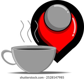 Red pin icon with cup of coffee isolated on transparent background. illustration of a red pin in three dimensions. Location map icon. Location pins
