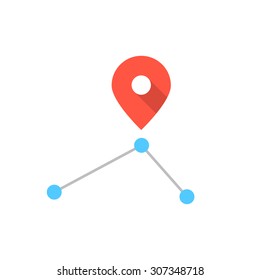 red pin icon on simple route. concept of positioning, needle, journey, transportation, badge, discovery, tourism. isolated on white background. flat style trend modern logo design vector illustration