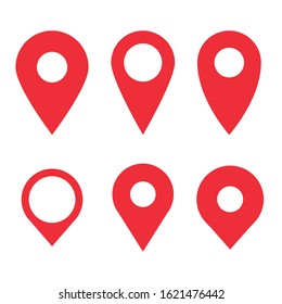 Red pin icon set. Gps pointer mark. Location map symbol in different forms.