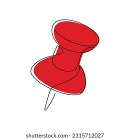 Red pin icon vector. Stationery item one line continuous drawing. Minimal illustration. Hand drawn linear silhouette. Outline design, print, banner, card, brochure, poster, logo.