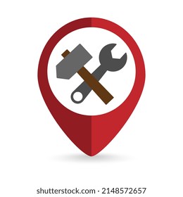 Red pin location with Crossed hammer and wrench spanner inside. Vector illustration.