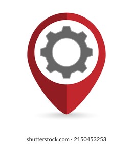Red pin location with gear icon inside. Vector illustration.