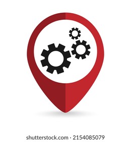 Red pin location with gear icon inside. Vector illustration.