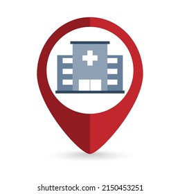 Red Pin Location With Hospital Icon Inside. Vector Illustration.