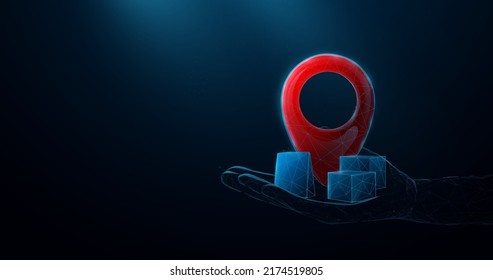 Red pin location and packages box on hand. Vector illustration