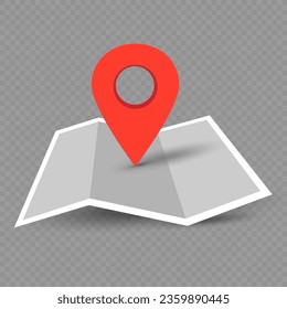 Red pin location sign on paper map with sgadow on dark transparent background. Navigation gps cartography place sign, symbol icon